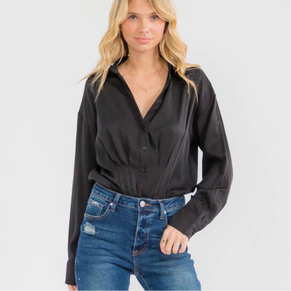 Women's Black Button-Down Bodysuit Shirt